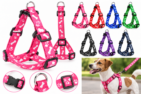 Set Arnés Ajustable + Correa para Perro – Diseño Huesitos y Huellas