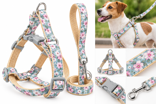 Arnés Floral Ajustable para Perro con Correa